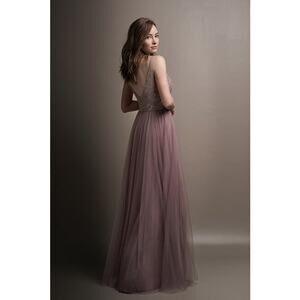 2709 NWT Jasmine L194001 Long V-neck Metallic Lace & Soft Tulle Bridesmaid Dress